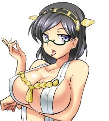 Rule 34 | 10s, 1girl, :p, bare shoulders, black hair, breast hold, breasts, collarbone, covered erect nipples, detached sleeves, glasses, green-framed eyewear, hairband, highres, japanese clothes, kantai collection, kirishima (kancolle), large breasts, mokkori9, no bra, nontraditional miko, open mouth, purple eyes, short hair, sideboob, solo, solo focus, tongue, tongue out