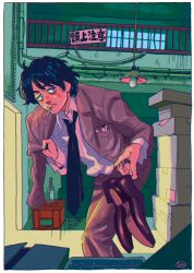 Rule 34 | 1boy, black hair, blazer, box, breast pocket, cardboard box, cigarette, cigarette pack, collared shirt, crate, doorway, dress shirt, facial hair, hanging light, holding, holding shoes, industrial pipe, jacket, jacket partially removed, kaneoya sachiko, leaning forward, looking to the side, male focus, mouth hold, mustache, necktie, original, pocket, railing, shirt, shoes, short hair, solo, stubble, yoiko yokochou