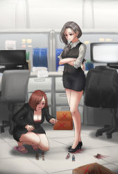 Rule 34 | 2girls, absurdres, black hair, blood, breasts, brown hair, cleavage, computer, giant, giantess, guro, highres, in container, kuroihassan, mini person, miniboy, minigirl, monitor, multiple girls, office lady, original, pantyhose, red eyes, sandals, shoes, skirt
