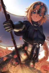 Rule 34 | &gt;:(, 1girl, ark ford, blue eyes, blurry, braid, depth of field, fate/apocrypha, fate (series), flag, frown, gauntlets, headpiece, highres, holding, horizon, jeanne d&#039;arc (fate), jeanne d&#039;arc (ruler) (fate), light brown hair, long hair, looking at viewer, petals, polearm, signature, single braid, solo, v-shaped eyebrows, weapon