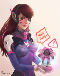 Rule 34 | !, 1girl, absurdres, animal print, blue bodysuit, bodysuit, breasts, brown background, brown eyes, brown hair, d.va (overwatch), dated, english text, eyelashes, facepaint, facial mark, gloves, glowing, gradient background, headphones, high collar, highres, holding, impossible bodysuit, impossible clothes, jihae park, light smile, long hair, looking at viewer, medium breasts, meka (overwatch), model, overwatch, overwatch 1, pilot suit, pink lips, rabbit print, ribbed bodysuit, shoulder pads, skin tight, solo, speech bubble, swept bangs, tan background, upper body, whisker markings, white background, white gloves