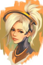 Rule 34 | 1girl, blonde hair, blue eyes, bodysuit, brown background, eyebrows, eyelashes, halo, high ponytail, highres, light smile, lips, lipstick, long hair, looking at viewer, makeup, mechanical halo, mercy (overwatch), nose, overwatch, overwatch 1, pink lips, portrait, solo, yy6242