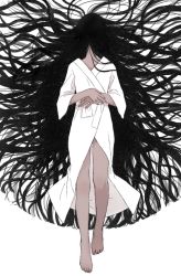 Rule 34 | 1girl, bare legs, barefoot, black hair, covered face, hair spread out, hands on own stomach, japanese clothes, kimono, long hair, lying, on back, original, robe, shiroshouzoku, shokugyo, solo, very long hair