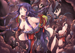 Rule 34 | artist request, bdsm, bondage, bound, breasts, character request, collar, cum, cum on body, japanese clothes, kimono, long hair, medium breasts, nipples, open clothes, purple eyes, purple hair, rape, restrained, shikigami no shiro, suspension, tears, tentacles, torn clothes