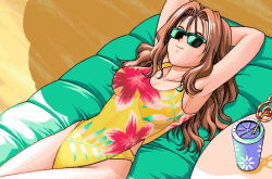 Rule 34 | 1girl, brown hair, custom mate 3, drinking straw, game cg, long hair, lowres, lying, non-web source, on back, one-piece swimsuit, pc-98 (style), pc98, sawabe izumi, solo, sunglasses, swimsuit