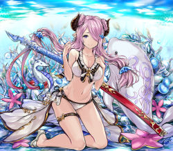 Rule 34 | 10s, 1girl, alternate costume, alternate hairstyle, bikini, blue eyes, breasts, cleavage, demon horns, draph, floating hair, full body, granblue fantasy, hair ornament, hair over one eye, horns, hourainingyou, katana, large breasts, light purple hair, long hair, long legs, looking at viewer, low twintails, narmaya (granblue fantasy), narmaya (summer) (granblue fantasy), pointy ears, sandals, sheath, sitting, smile, solo, stomach, swimsuit, sword, thigh strap, twintails, weapon, white bikini
