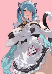 Rule 34 | 1girl, animal ear fluff, animal ears, apron, bell, black bow, black dress, black ribbon, blue hair, bow, cat ears, character request, commentary, detached collar, dress, elbow gloves, english commentary, gloves, goddess of victory: nikke, hair ribbon, heart, heart hands, highres, hintobento, jingle bell, long hair, looking at viewer, maid headdress, neck bell, neck ribbon, pink background, privaty (nikke), privaty (unkind maid) (nikke), ribbon, simple background, solo, twintails, very long hair, waist apron, white apron, white gloves, yellow eyes