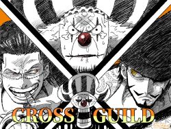 Rule 34 | 3boys, black hair, buggy the clown, crocodile (one piece), dracule mihawk, english text, highres, looking at another, multiple boys, one piece, skull, sweatdrop, sword, tacchan56110, weapon, yellow eyes