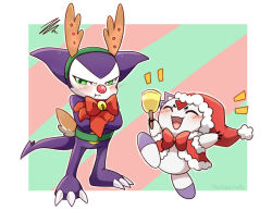 Rule 34 | blush, christmas, claws, culumon, digimon, digimon (creature), green eyes, happy, impmon, open mouth, ribbon, smile, tail