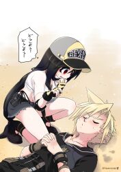Rule 34 | 1boy, 1girl, baseball cap, beach, bikini, black bikini, black footwear, black hair, black shirt, blonde hair, blush, breasts, chaotic dragon, closed eyes, cloud strife, cloud strife (maritime sailor), collarbone, commentary request, denim, denim skirt, elbow pads, final fantasy, final fantasy vii, final fantasy vii ever crisis, final fantasy vii remake, fingerless gloves, flying sweatdrops, frayed skirt, gloves, grey skirt, hat, highleg, highleg bikini, highres, imminent kiss, large breasts, lifeguard, long hair, looking at another, low-tied long hair, lying, midriff, miniskirt, navel, official alternate costume, on back, on one knee, outdoors, own hands together, red eyes, sailor collar, sailor shirt, sand, see-through, see-through shirt, shirt, short hair, short sleeves, side-tie bikini bottom, single elbow pad, single glove, skirt, speech bubble, spiked hair, sweatdrop, swimsuit, tied shirt, tifa lockhart, tifa lockhart (lifeguard), translation request, twitter username, wet, wet clothes, wet shirt, whistle, whistle around neck, white shirt