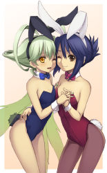 Rule 34 | 2girls, animal ears, antenna hair, ar tonelico, ar tonelico ii, arm around waist, arm grab, bad id, bad pixiv id, bare legs, bare shoulders, bent over, blue hair, blush, bow, bowtie, breasts, brown eyes, cheek-to-cheek, fairy wings, fake animal ears, flat chest, folded ponytail, frelia (ar tonelico), frelia ansul solmarta, graphite (medium), green hair, green nails, gust, hair up, heads together, holding hands, hug, interlocked fingers, leaning, leaning forward, leotard, long hair, luca truelywaath, mixed media, multiple girls, nail polish, one eye closed, open mouth, orange eyes, pantyhose, playboy bunny, rabbit ears, rabbit tail, short hair, small breasts, smile, tail, traditional media, utsugi (skydream), wince, wings, wink, wrist cuffs, yellow eyes, yuri