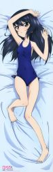 Rule 34 | 10s, 1girl, absurdres, arm up, armpits, bare legs, bed, black hair, blue one-piece swimsuit, blush, brown eyes, casual one-piece swimsuit, copyright name, dakimakura (medium), full body, girls und panzer, highres, huge filesize, looking at viewer, lying, official art, on back, one-piece swimsuit, reizei mako, solo, swimsuit, yoshida nobuyoshi