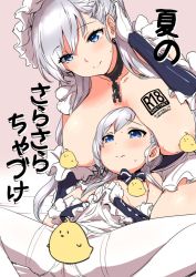 Rule 34 | 1girl, 2girls, aged down, aged up, apron, azur lane, belfast (azur lane), bent over, between breasts, blue eyes, braid, breasts, censored, censored nipples, chain, choker, clearite, cleavage, collar, collarbone, corset, french braid, frilled apron, frilled gloves, frills, gloves, tucking hair, hanging breasts, head between breasts, large breasts, leaning forward, maid, maid apron, maid headdress, multiple girls, novelty censor, pantyhose, spread legs, sweat, time paradox, translation request, white apron, white gloves, white hair, white pantyhose