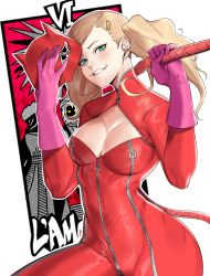 Rule 34 | 10s, 1girl, absurdres, aqua eyes, bodysuit, breasts, cat mask, cleavage, cowboy shot, gloves, hair ornament, hairclip, highres, long hair, looking at viewer, mask, unworn mask, medium breasts, persona, persona 5, pink gloves, red bodysuit, shin megami tensei, smirk, solo, takamaki anne, twintails, whip, zelus, zipper