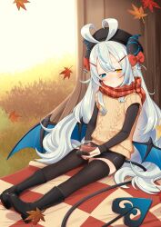 1girl absurdres akugaki_koa antenna_hair autumn autumn_leaves black_footwear black_tail black_thighhighs blue_eyes blue_hair blue_tail blue_wings boots bow demon_girl demon_horns diamond-shaped_pupils diamond_(shape) goki_buri grass hat heart_antenna_hair heterochromia highres horns idol_corp leaf long_hair long_sleeves maple_leaf maple_tree miniskirt on_floor outdoors picnic pointy_ears scarf sitting skirt solo sweater symbol-shaped_pupils thighhighs thighs tree very_long_hair virtual_youtuber wings yellow_eyes