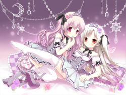 Rule 34 | 2girls, blonde hair, blush, bow, crown, detached sleeves, dress, english text, flower, hair bow, hair flower, hair ornament, lolita fashion, long hair, lying, mary janes, multiple girls, original, pillow, pink eyes, pink hair, red eyes, shoes, suama, thighhighs, twintails, white legwear