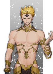 Rule 34 | 1boy, armlet, armor, blonde hair, bracelet, commentary request, earrings, fate/grand order, fate (series), feet out of frame, gilgamesh (fate), highres, jewelry, male focus, navel, nebuchadenezzar (fate), necklace, none (kameko227), official alternate costume, open mouth, red eyes, revealing clothes, short hair, smile, solo, toned, toned male, upper body, yellow eyes