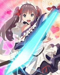 Rule 34 | 10s, 1girl, \m/, bow, brown hair, frills, glowing, glowing weapon, green eyes, hair bow, heart, long hair, maid, maid headdress, official art, okamoto miyu, open mouth, solo, sparkle, sword, twintails, wake up girls!, wake up girls! stage no tenshi, weapon