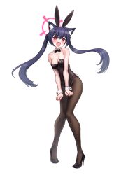 Rule 34 | 1girl, animal ear fluff, animal ears, black bow, black footwear, black hair, black leotard, black pantyhose, blue archive, blush, bow, breasts, cat ears, detached collar, extra ears, fake animal ears, fang, full body, greenteamousou, hair between eyes, halo, high heels, highres, knees together feet apart, legs, leotard, long hair, medium breasts, open mouth, pantyhose, pink halo, rabbit ears, red eyes, serika (blue archive), simple background, solo, standing, strapless, strapless leotard, toe cleavage, white background, wrist cuffs