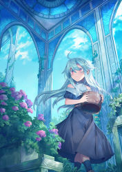 Rule 34 | 1girl, absurdres, ahoge, bad id, bad pixiv id, bare shoulders, black socks, blue dress, blue hair, blue sky, blush, boots, brown footwear, closed mouth, cloud, collarbone, colored eyelashes, covered collarbone, day, dress, fingernails, flower, hair between eyes, highres, holding, light smile, long hair, looking away, looking to the side, off-shoulder dress, off shoulder, original, outdoors, pink flower, red eyes, shichigatsu, shirt, sky, sleeveless, sleeveless shirt, socks, solo, standing, very long hair, white shirt