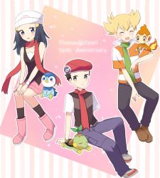 Rule 34 | 1girl, 2boys, :d, anniversary, baggy pants, barry (pokemon), beanie, beret, black hair, black shirt, blonde hair, blush, boots, bracelet, brown footwear, chimchar, closed eyes, closed mouth, commentary request, copyright name, creatures (company), dawn (pokemon), game freak, gen 4 pokemon, green scarf, grey eyes, grey footwear, grey pants, hair ornament, hairclip, hat, highres, jacket, jewelry, long hair, lucas (pokemon), multiple boys, nintendo, ohn pkmn, open mouth, outline, own hands together, pants, pink footwear, pink skirt, piplup, poke ball print, pokemon, pokemon (creature), pokemon dppt, pokemon on arm, red scarf, scarf, shirt, shoes, short hair, short sleeves, sitting, skirt, sleeveless, sleeveless shirt, smile, striped clothes, striped jacket, turtwig, white headwear, white shirt