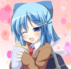 Rule 34 | 1girl, alternate costume, bag, blue eyes, blue hair, blush, bow, cirno, crepe, eating, fang, food, hair bow, hair ornament, hairclip, ice, ice wings, long sleeves, looking at viewer, masiromu, matching hair/eyes, necktie, open mouth, pink background, school uniform, shirt, shoulder bag, smile, solo, touhou, vest, wings, wink
