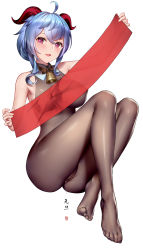 Rule 34 | 1girl, :d, ahoge, autoarousal, bare arms, bare shoulders, blue hair, blush, bodystocking, breasts, cameltoe, cleft of venus, covered erect nipples, cowbell, da mao banlangen, feet, full body, ganyu (genshin impact), genshin impact, goat horns, highres, holding, horns, invisible chair, knees up, large breasts, looking at viewer, open mouth, purple eyes, short hair, sidelocks, simple background, sitting, smile, solo, suggestive fluid, thighlet, transparent, white background