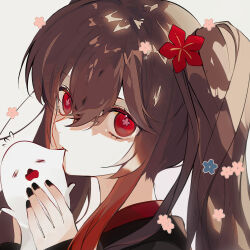 Rule 34 | 1girl, black coat, black nails, boo tao (genshin impact), coat, expressionless, flower, flower-shaped pupils, flying sweatdrops, genshin impact, hair between eyes, hair flower, hair ornament, highres, hu tao (genshin impact), long hair, long sleeves, looking at viewer, portrait, red eyes, red flower, simple background, solo, symbol-shaped pupils, twintails, white background, wkwk0217