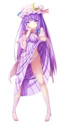 Rule 34 | 1girl, blush, breasts, clothes lift, coat, crescent, dress, dress lift, embarrassed, female focus, hair ribbon, hak, hand on own cheek, hand on own face, hat, large breasts, long hair, looking at viewer, midriff, no shoes, open clothes, open coat, panties, pantyshot, patchouli knowledge, pigeon-toed, purple dress, purple eyes, purple hair, purple panties, ribbon, socks, solo, standing, striped clothes, striped dress, striped socks, touhou, underwear, upskirt, vertical-striped clothes, vertical-striped socks, very long hair, wide sleeves