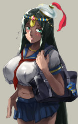 Rule 34 | 1girl, bag, black hair, bookbag, breasts, brown background, circlet, covered erect nipples, dark-skinned female, dark skin, fate/grand order, fate (series), flying sweatdrops, green eyes, highres, jewelry, large breasts, lips, long hair, looking at viewer, midriff, navel, necklace, parted lips, scheherazade (fate), school uniform, serafuku, simple background, skirt, solo, thighs, yasaidon