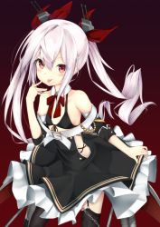 Rule 34 | 1girl, :p, azur lane, bare shoulders, belt, belt buckle, black bra, black thighhighs, blush, bra, buckle, chain, closed mouth, collar, commentary request, detached collar, front-tie top, garter belt, hair between eyes, hair ornament, hair ribbon, hand on own cheek, hand on own face, highres, hiraba 6018, long hair, looking at viewer, red background, red eyes, red ribbon, ribbon, silver hair, simple background, smile, solo, standing, thighhighs, tongue, tongue out, twintails, underwear, vampire (azur lane), very long hair, white belt, white collar, wing collar