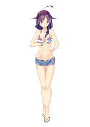 Rule 34 | 10s, 1girl, absurdres, ahoge, alternate costume, bikini, blush, breasts, cleavage, denim, denim shorts, full body, highres, kantai collection, long hair, md5 mismatch, navel, open fly, purple hair, red eyes, reon-shi, sandals, shorts, simple background, smile, solo, standing, swimsuit, taigei (kancolle), unzipped