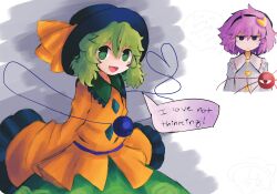 Rule 34 | 2girls, :|, absurdres, closed mouth, commentary, english text, green eyes, green hair, heart, highres, iesonatana, komeiji koishi, komeiji satori, looking at viewer, multiple girls, open mouth, pink hair, purple eyes, sleeves past fingers, sleeves past wrists, smile, speech bubble, tagme, touhou, upper body, white background