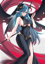 Rule 34 | 1girl, absurdres, azur lane, black dress, black horns, black wings, blue eyes, blue hair, breasts, capelet, catnnn, covered navel, demon wings, dress, highres, holding, holding scythe, horns, large breasts, long dress, long hair, looking at viewer, mary celeste (azur lane), mary celeste (grim night&#039;s reaper) (azur lane), official alternate costume, pointy ears, scythe, solo, torn capelet, torn clothes, torn dress, underboob, veil, weapon, wings