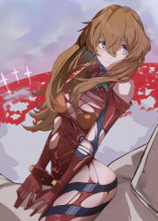 Rule 34 | 1girl, absurdly long hair, alternate hair length, alternate hairstyle, ass, blue eyes, bodysuit, breasts, brown hair, dated, embarrassed, evangelion: 3.0+1.0 thrice upon a time, floating hair, hair between eyes, hair down, highres, long hair, medium breasts, neon genesis evangelion, pilot suit, plugsuit, rebuild of evangelion, red bodysuit, shiny clothes, sitting, sky, smile, solo, souryuu asuka langley, torn bodysuit, torn clothes, very long hair, wide hips, yagisawa teru
