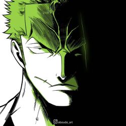 Rule 34 | 1boy, aboude art, black background, close-up, closed mouth, commentary, facing viewer, green theme, instagram logo, instagram username, limited palette, looking at viewer, male focus, one piece, portrait, roronoa zoro, scar, scar across eye, short hair, sideburns, sidelighting, signature, simple background, solo, two-tone background, v-shaped eyebrows, veins, white background