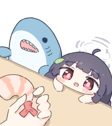 Rule 34 | 1girl, ahoge, black hair, blue archive, blush stickers, chibi, commentary, food, holding, holding food, leaf, leaf on head, long hair, looking at food, looking up, miyu (blue archive), no nose, open mouth, pink pupils, pov, pov hands, red eyes, shark, sharp teeth, shrimp, teeth, umihio