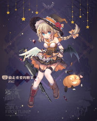 Rule 34 | 1girl, assault rifle, black hat, blue eyes, brown hair, candy, character name, copyright name, fn fnc, fnc (candy thief) (girls&#039; frontline), fnc (girls&#039; frontline), food, full body, garter straps, girls&#039; frontline, glowing, gun, hat, jack-o&#039;-lantern, long hair, official alternate costume, official art, rifle, shenbei xiaoqiu, solo, thighhighs, very long hair, weapon, wings, witch hat