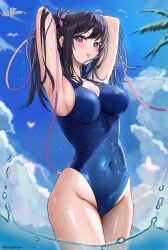 Rule 34 | 1girl, absurdres, arms behind head, arms up, black hair, blue one-piece swimsuit, blue sky, breasts, casual one-piece swimsuit, cleavage, cloud, covered navel, day, hair ribbon, highres, large breasts, long hair, looking at viewer, one-piece swimsuit, original, outdoors, palm leaf, partially underwater shot, pink eyes, ribbon, shem kako, sky, solo, swimsuit, twintails, water