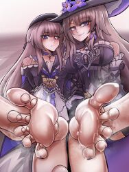 2girls barefoot doll doll_joints feet foot_focus herta_(honkai:_star_rail) honkai:_star_rail honkai_(series) joints looking_at_viewer multiple_girls presenting_foot skai_art smile soles sweat the_herta_(honkai:_star_rail) toes