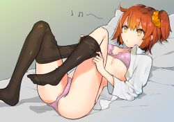 Rule 34 | 1girl, ahoge, bad id, bad pixiv id, beamed eighth notes, bed sheet, black pantyhose, bra, breasts, brown hair, closed mouth, clothes pull, collared shirt, fate/grand order, fate (series), fujimaru ritsuka (female), full body, gradient background, green background, grey background, hair between eyes, hair ornament, hair scrunchie, highres, lying, medium breasts, musical note, no pants, no shoes, omucchan (omutyuan), on back, one side up, open clothes, open shirt, orange scrunchie, panties, pantyhose, pantyhose pull, pillow, pink bra, pink panties, quarter note, scrunchie, shirt, solo, underwear, whistle, white shirt