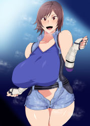 Rule 34 | 1girl, absurdres, bare shoulders, blue shirt, blush, breasts, breath, brown eyes, brown hair, cowboy shot, female focus, fingerless gloves, gloves, gradient background, groin, hand up, happy, highres, huge breasts, kazama asuka, legs, legs together, light blush, looking at viewer, matching hair/eyes, mucc (ren0522), open mouth, shirt, short hair, simple background, sleeveless, smile, solo, standing, steaming body, suspenders, tekken, tekken 7, thick thighs, thighs, unzipped, zipper