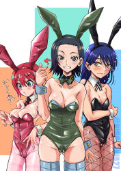 3girls amate_yuzuriha aqua_eyes black_hair blue_hair blush breasts commentary_request comoli_harcourt embarrassed finger_heart fishnet_pantyhose fishnets grey_eyes gundam gundam_gquuuuuux highres hirokawa_kouichirou large_breasts leotard long_hair looking_at_viewer medium_breasts mole mole_under_eye multiple_girls nyaan_(gundam_gquuuuuux) pantyhose playboy_bunny red_hair short_hair small_breasts undersized_breast_cup yellow_eyes