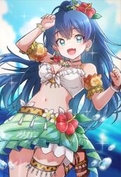 Rule 34 | 1girl, 81 (mellowry), black hair, blue eyes, breasts, cleavage, commentary request, crop top, earrings, fang, flower, ganaha hibiki, green skirt, hair flower, hair ornament, hands up, hibiscus, highres, idolmaster, idolmaster (classic), jewelry, leg up, long hair, medium breasts, miniskirt, navel, no socks, open mouth, outdoors, ponytail, sandals, skin fang, skirt, sky, smile, solo, sparkle, thigh strap
