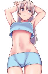 Rule 34 | 1girl, :o, armpits, arms up, bad id, bad pixiv id, blonde hair, blush, breasts, eila ilmatar juutilainen, from below, goji (five clock), groin, long hair, midriff, navel, open mouth, panties, parted lips, purple eyes, short shorts, shorts, simple background, small breasts, solo, stomach, strike witches, thigh gap, underwear, world witches series
