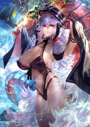 Rule 34 | 1girl, armpits, azur lane, bare shoulders, black one-piece swimsuit, blush, breasts, cleavage, clothing cutout, coat, collarbone, cowboy shot, cross, crossed bangs, electricity, flower, gradient background, graf zeppelin (azur lane), graf zeppelin (beachside urd) (azur lane), groin, hair between eyes, hair flower, hair ornament, hands up, head tilt, highleg, highres, impossible clothes, impossible swimsuit, iron cross, jacket, jacket on shoulders, large breasts, long hair, looking at viewer, machinery, messy hair, navel, navel cutout, off shoulder, one-piece swimsuit, parted lips, petals, red eyes, rigging, see-through, sidelocks, signature, signo aaa, silver hair, simple background, skindentation, smile, solo, stomach, swimming, swimsuit, taut clothes, taut swimsuit, thighs, very long hair