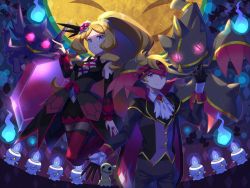 Rule 34 | 1boy, 1girl, banette, black dress, blonde hair, blue eyes, boots, caitlin (fall 2021) (pokemon), caitlin (pokemon), commentary request, creatures (company), detached sleeves, dress, drifloon, game freak, gem, gen 1 pokemon, gen 3 pokemon, gen 4 pokemon, gen 5 pokemon, gen 7 pokemon, gloves, hair ornament, halloween, headband, jewelry, litwick, long hair, looking at viewer, mega banette, mega pokemon, mega sableye, mimikyu, morty (fall 2021) (pokemon), morty (pokemon), nail polish, nejimo, nintendo, official alternate costume, one eye covered, pokemon, pokemon (creature), pokemon masters ex, ponytail, red gemstone, red headband, ring, sableye, shuppet, sidelocks, smile, thigh boots, thighhighs, very long hair, zubat