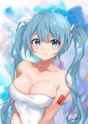 Rule 34 | 1girl, anzu (x anzu ill), armpit crease, bare shoulders, blue eyes, blue hair, blush, breasts, cleavage, closed mouth, collarbone, commentary request, dress, hatsune miku, highres, large breasts, long hair, looking at viewer, multicolored background, number tattoo, signature, solo, strapless, strapless dress, tattoo, twintails, upper body, very long hair, vocaloid, white dress