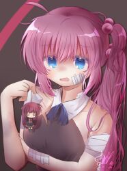 Rule 34 | 1girl, ahoge, alternate costume, angry, arm under breasts, bandaged arm, bandages, bandaid, bandaid on face, black dress, blue eyes, blue ribbon, character doll, collar, commentary request, delinquent, detached collar, doll, dress, futaki kanata, hair between eyes, hand up, highres, holding, holding doll, injury, light blush, little busters!, little busters! school uniform, long hair, looking at viewer, neck ribbon, one side up, open mouth, purple hair, ribbon, saigusa haruka, school uniform, shaded face, side ponytail, sidelocks, signature, sleeveless, sleeveless dress, solo, upper body, utuigawa, very long hair, white collar