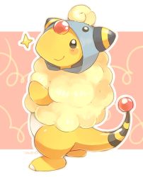 Rule 34 | ampharos, blush stickers, closed mouth, commentary request, cosplay, creatures (company), full body, game freak, gen 2 pokemon, grey eyes, hood, hood up, looking to the side, mareep, mareep (cosplay), nintendo, no humans, outline, pokemon, pokemon (creature), signature, smile, solo, sparkle, standing, tansho
